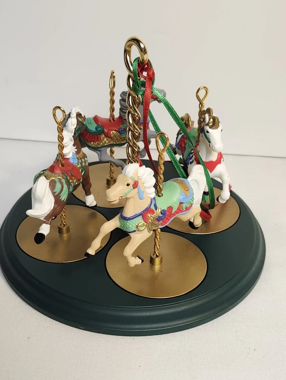 1989 Halmark Holiday Carousel Horse Ornament Set - Green & Multicolor